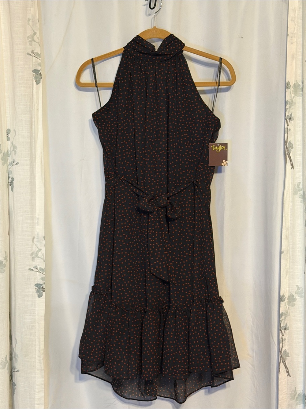 Taylor Black Halter Dress with Small Red Dot Print